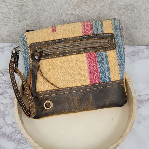 Myra Bag Mid Summer Pouch Wristlet Leather Cotton Boho - Picture 1 of 12